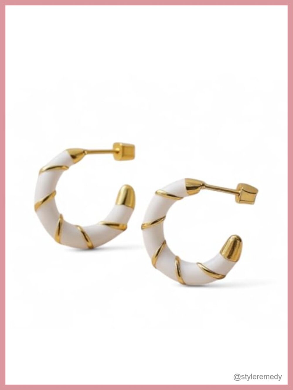 18K Yellow Gold Plated White Enamel Hoop Earrings Stainless Steel